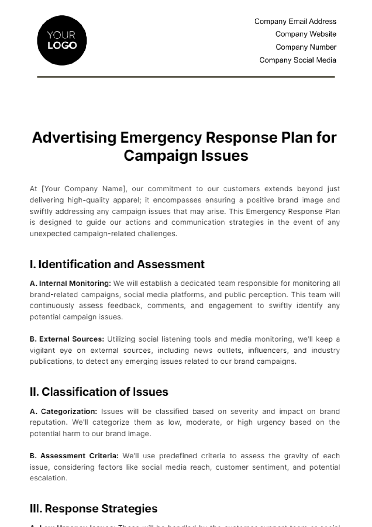 Advertising Emergency Response Plan for Campaign Issues Template