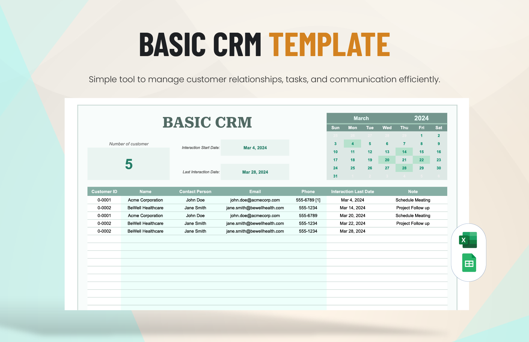 Basic CRM Template in Excel, Google Sheets