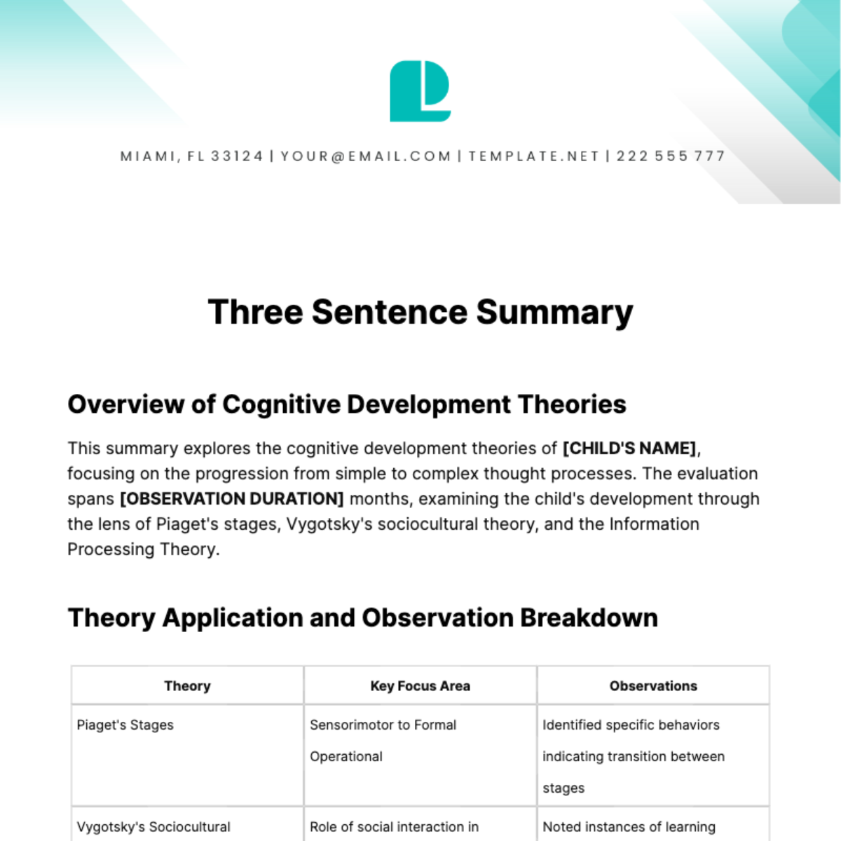 Three Sentence Summary Template