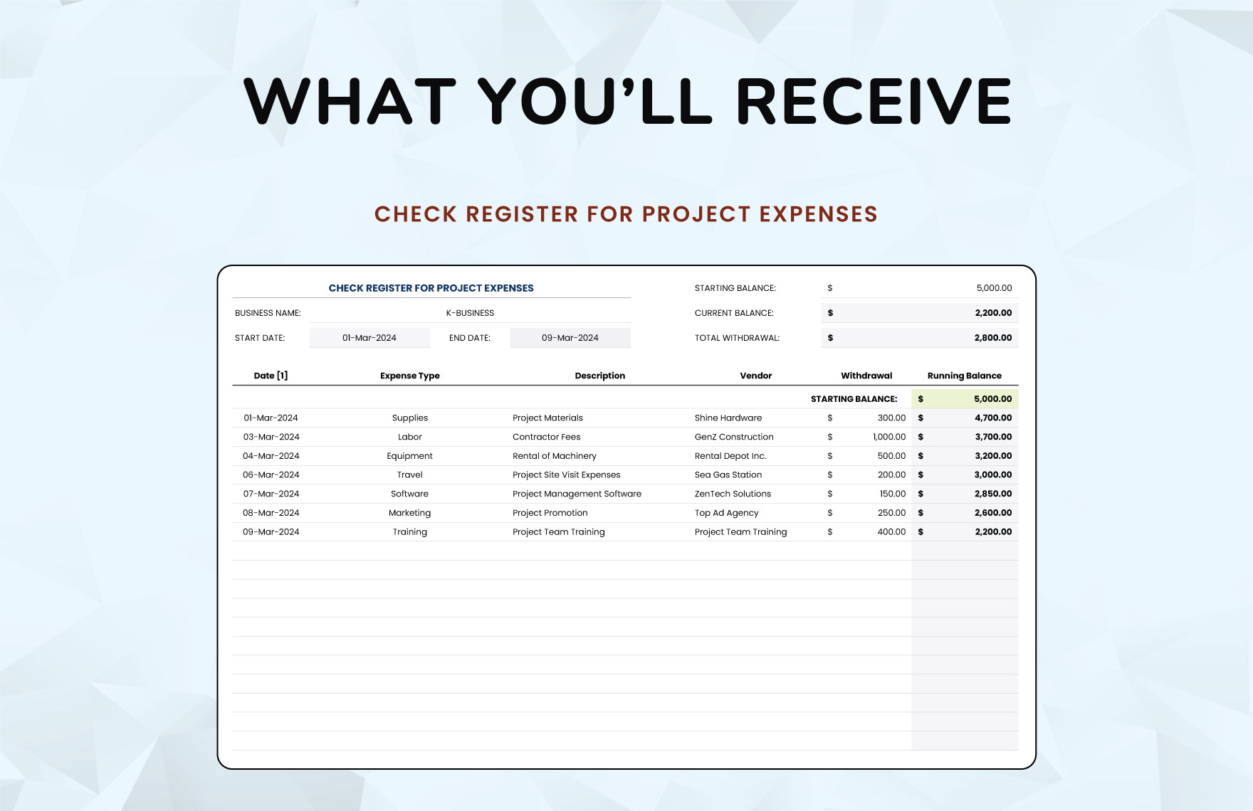 Check Register for Project Expenses Template