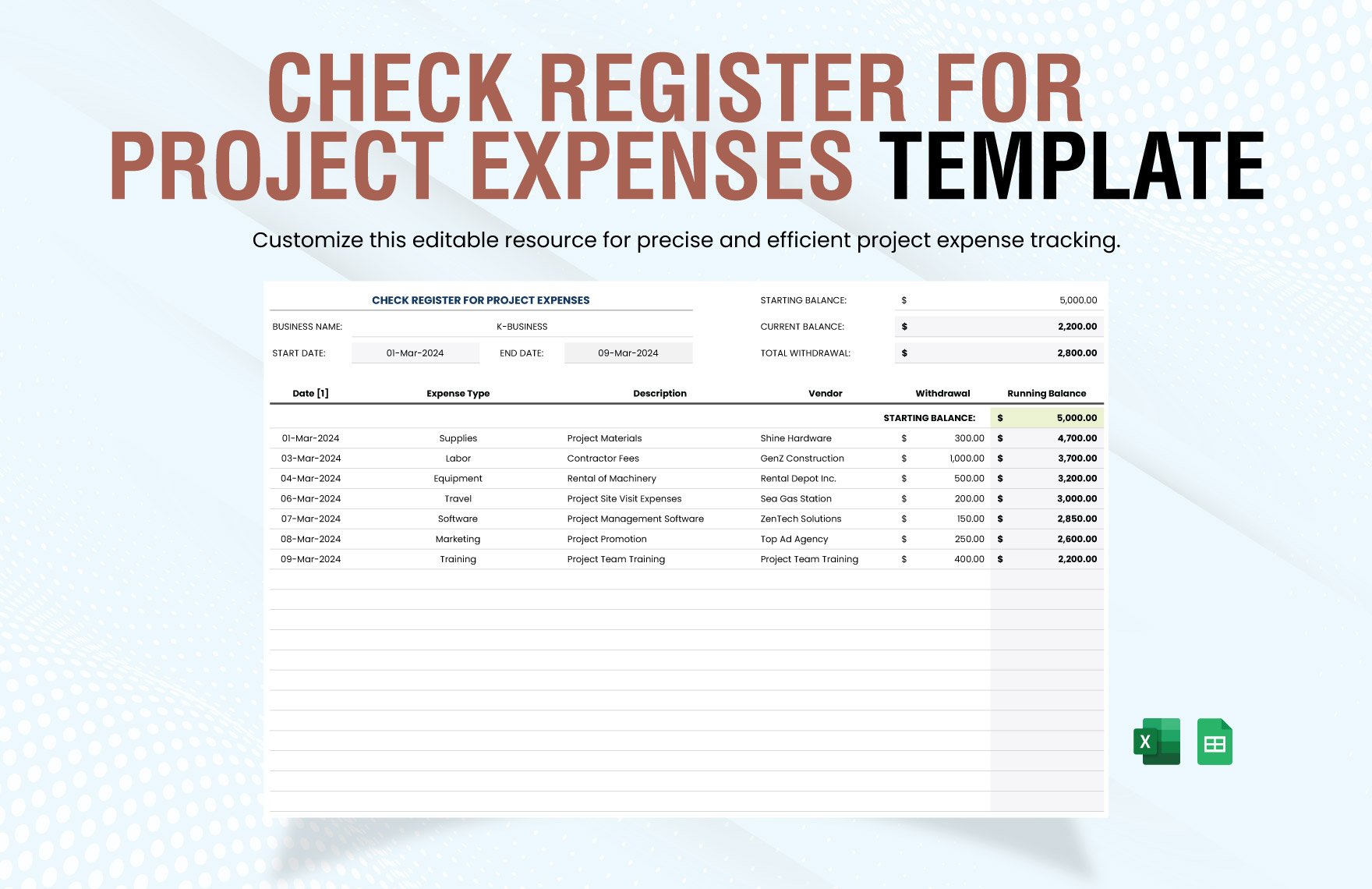 Check Register for Project Expenses Template in Excel, Google Sheets