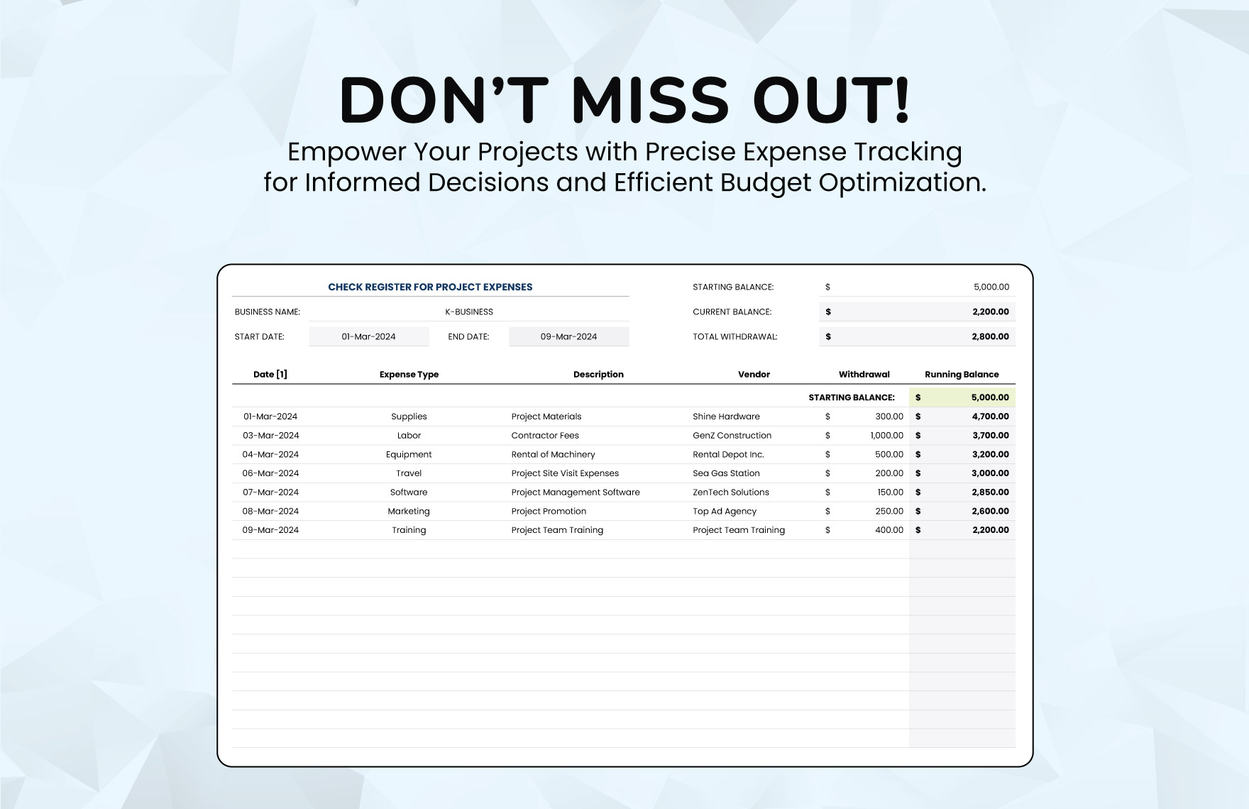 Check Register for Project Expenses Template