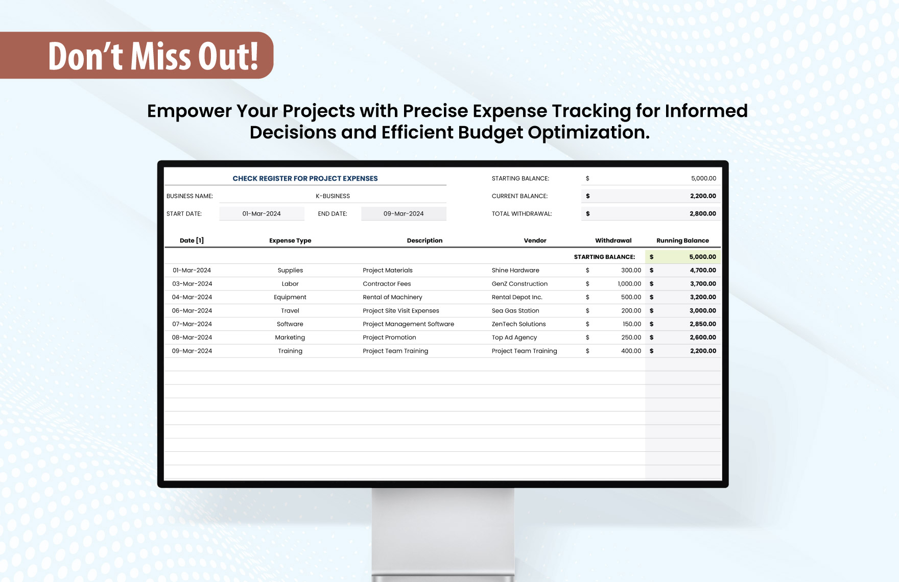 Check Register for Project Expenses Template