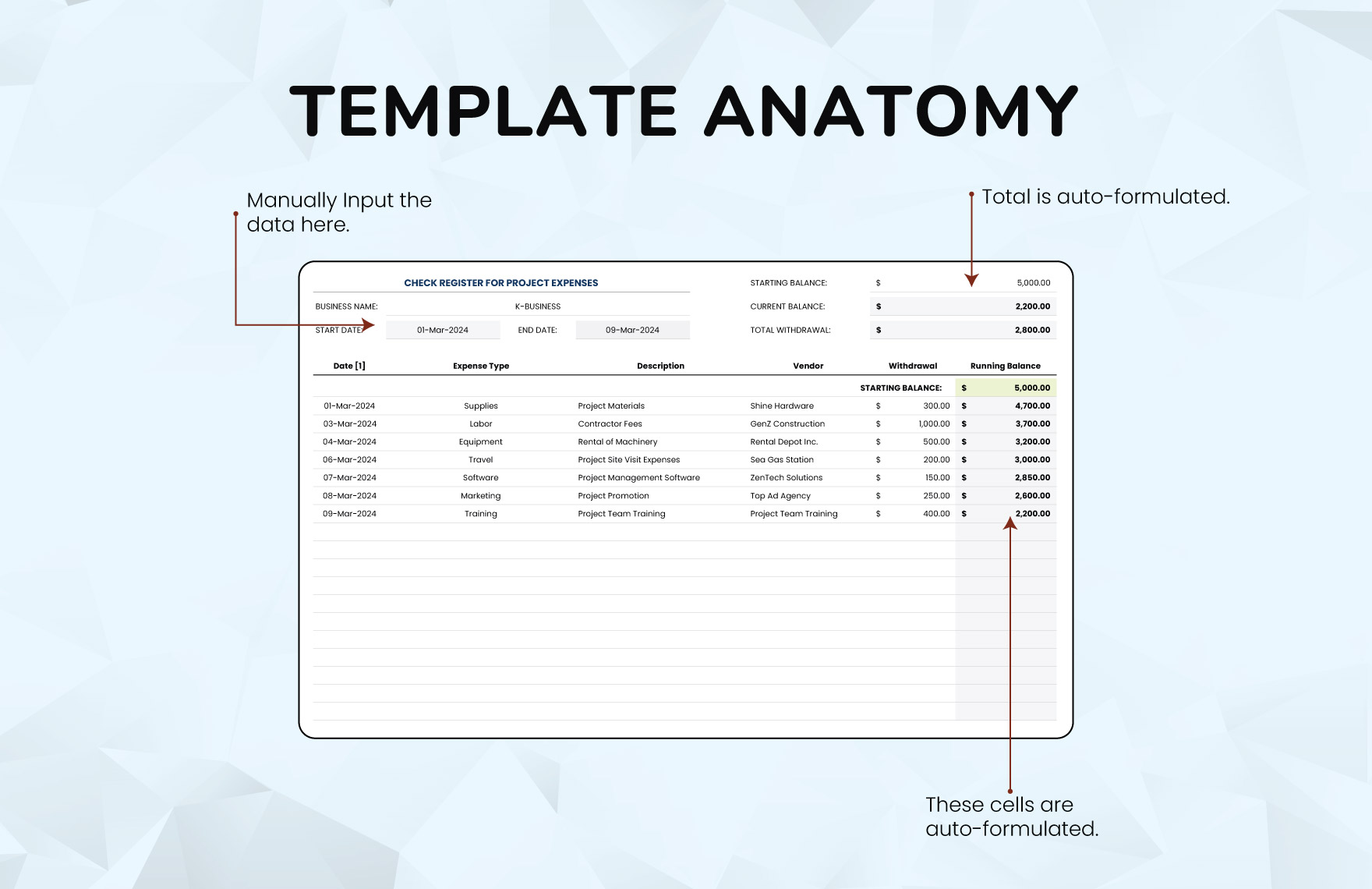 Check Register for Project Expenses Template