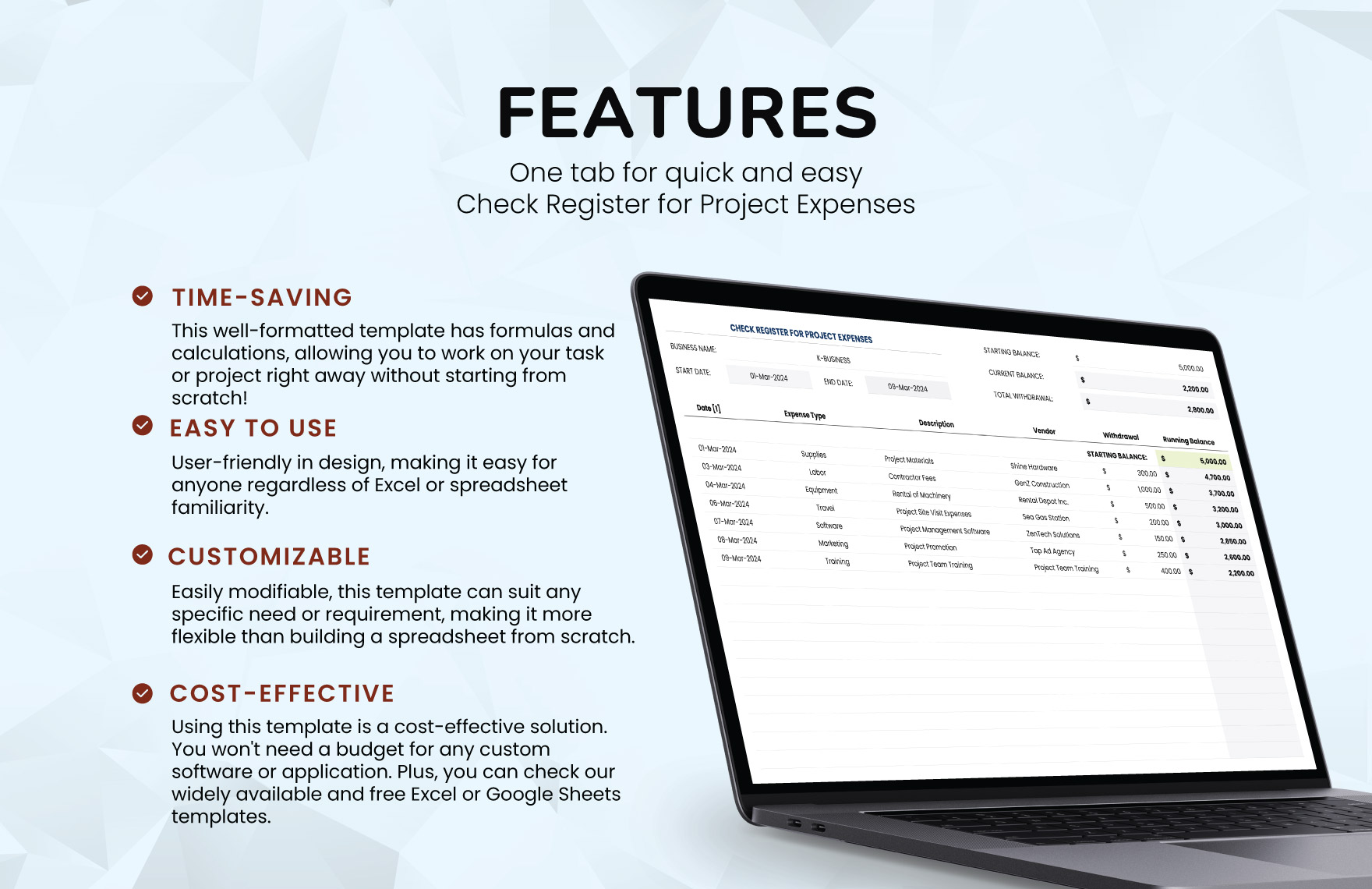 Check Register for Project Expenses Template