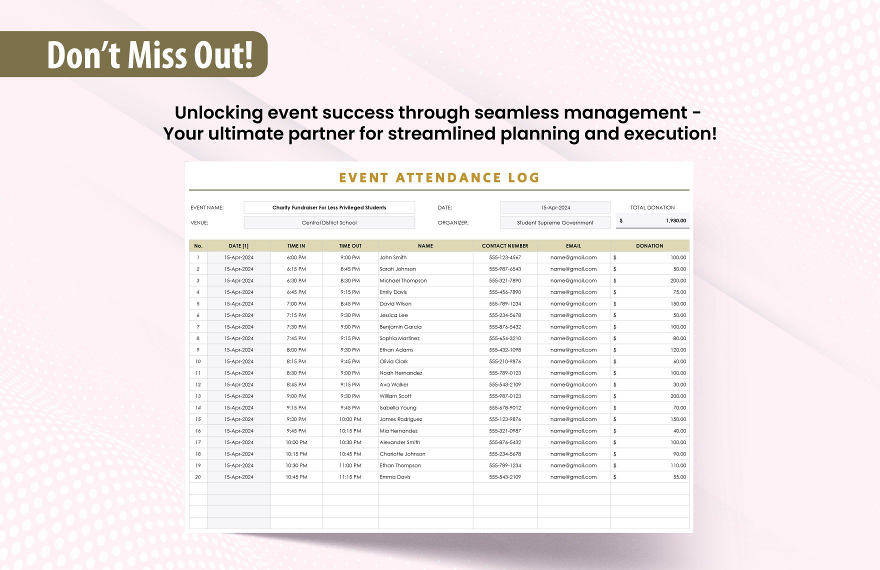 Event Attendance Log Template
