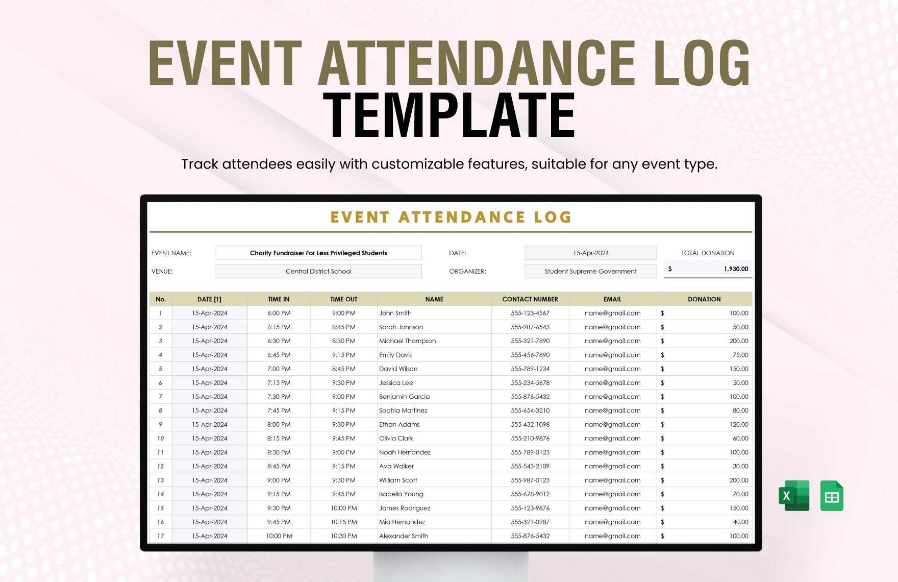 Event Attendance Log Template in Excel, Google Sheets