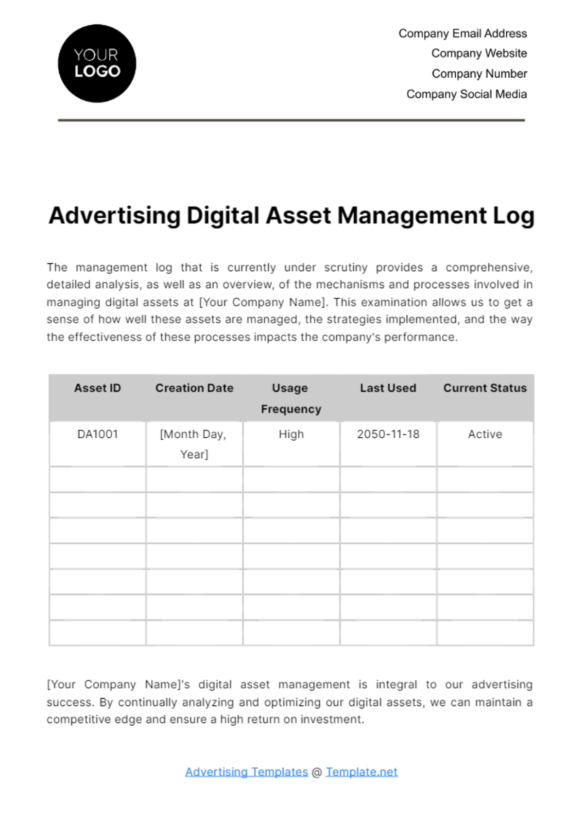 Advertising Digital Asset Management Log Template
