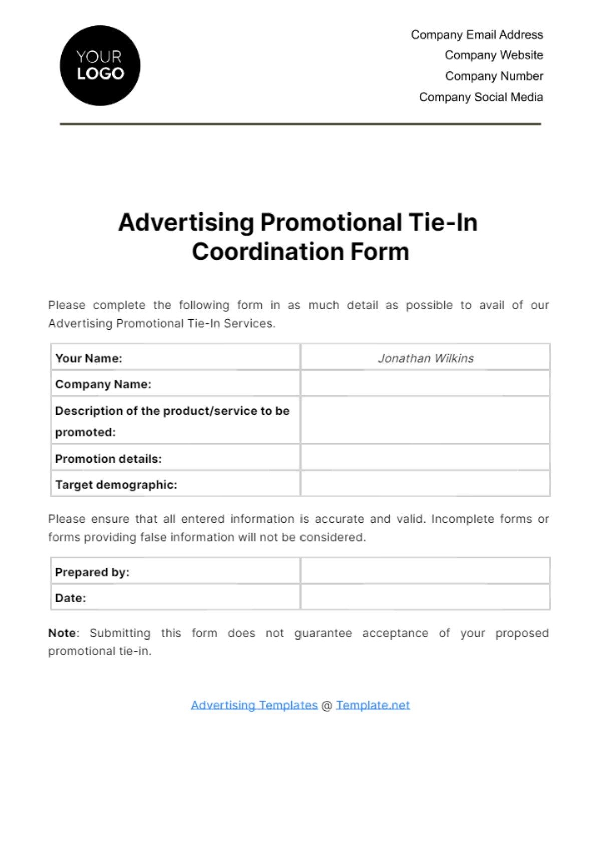 Free Advertising Promotional Tie-In Coordination Form Template