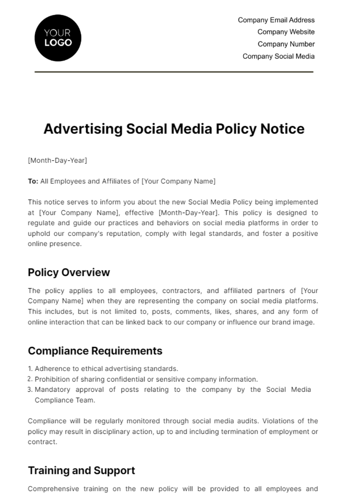 Advertising Social Media Policy Notice Template