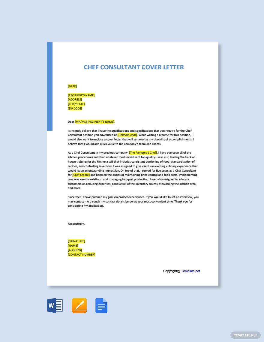 Chef Consultant Cover Letter Template in Google Docs, Word, Pages, PDF - Download | Template.net