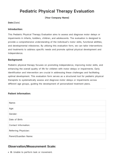 Free Pediatric Physical Therapy Evaluation Template to Edit Online