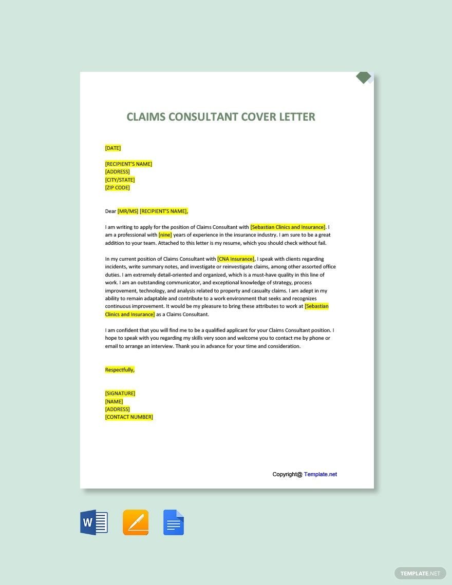 Free Claims Consultant Cover Letter Template in Word, Google Docs, PDF, Apple Pages