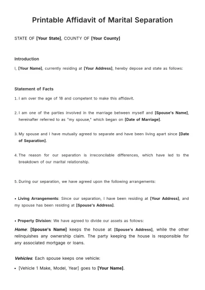 Free Printable Affidavit of Marital Separation Template to Edit Online