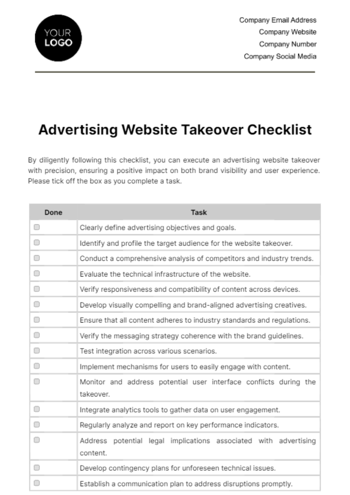 Free Advertising Website Takeover Checklist Template
