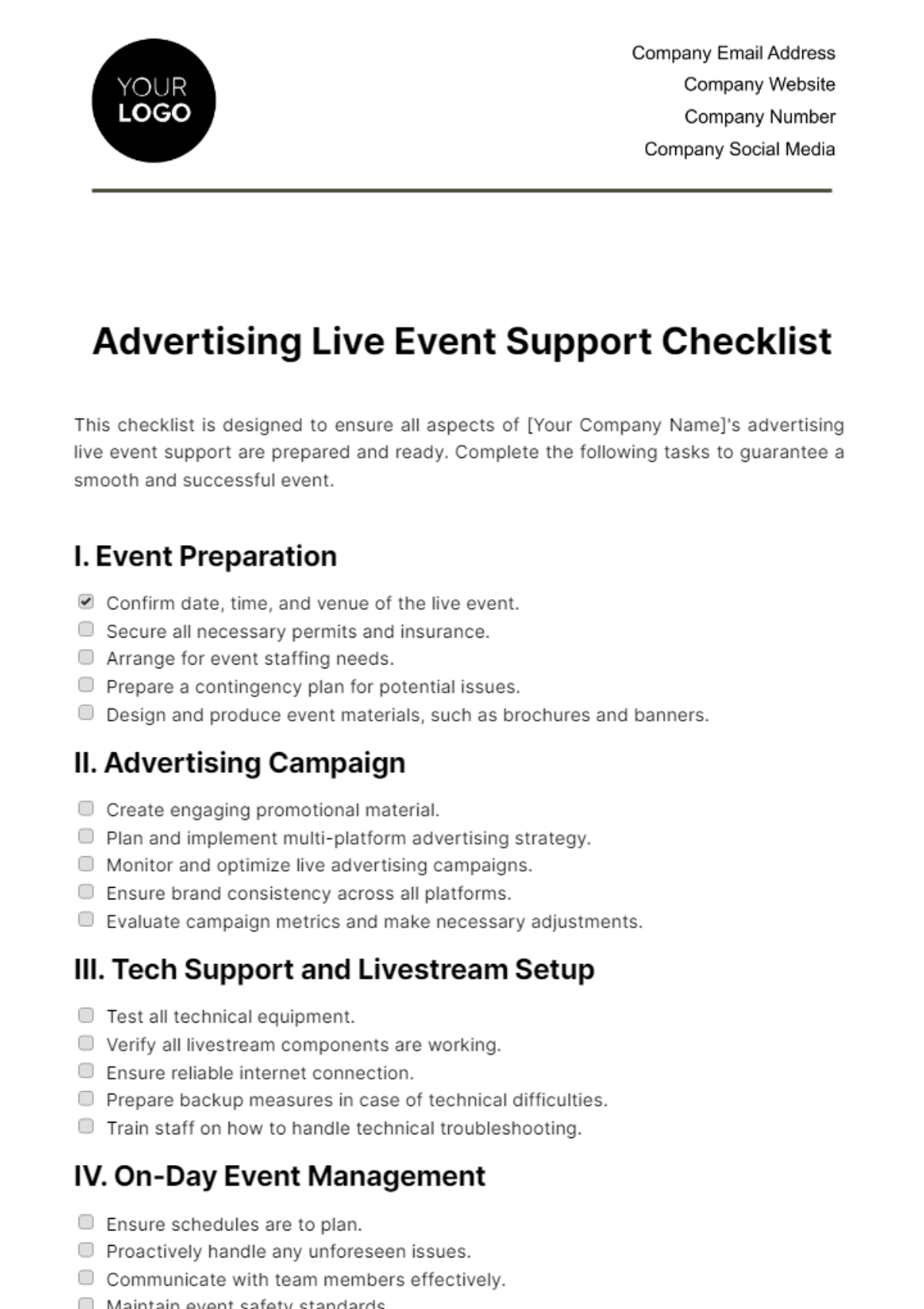 Free Advertising Live Event Support Checklist Template