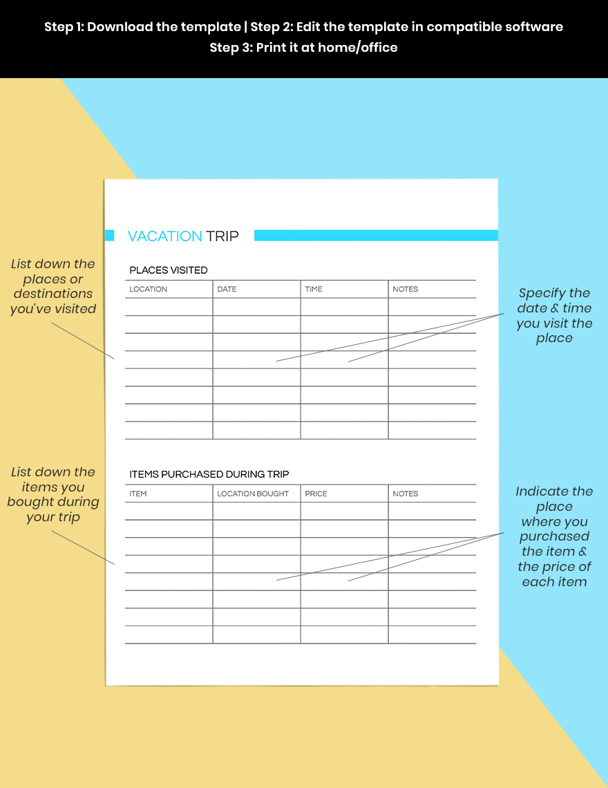 Basic Vacation Planner template Editable