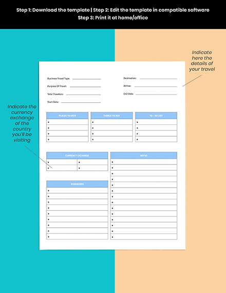 Business Travel Planner template Printable