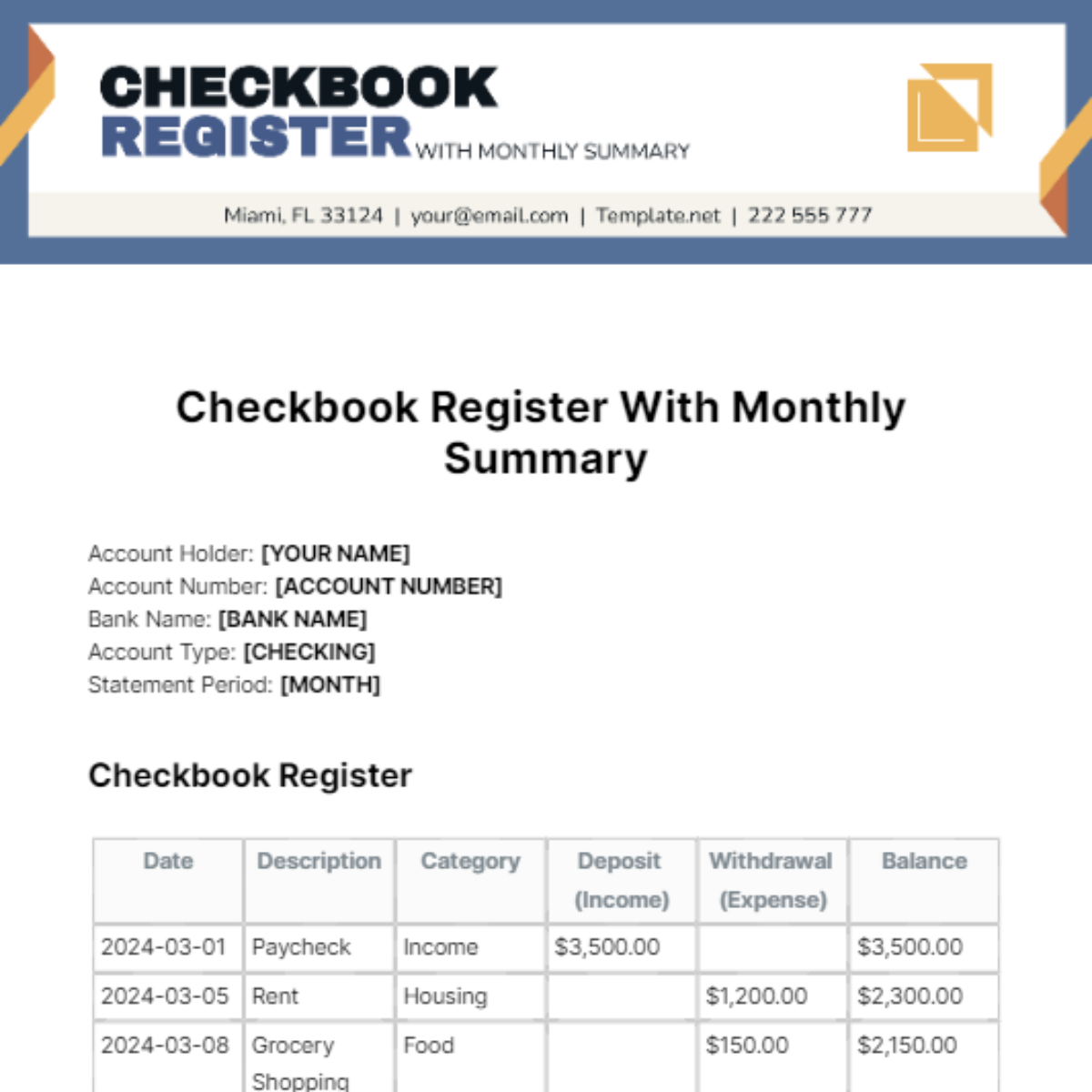 Checkbook Register With Monthly Summary Template