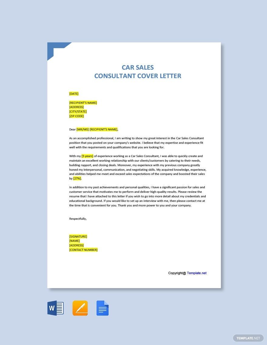Car Sales Consultant Cover Letter Template