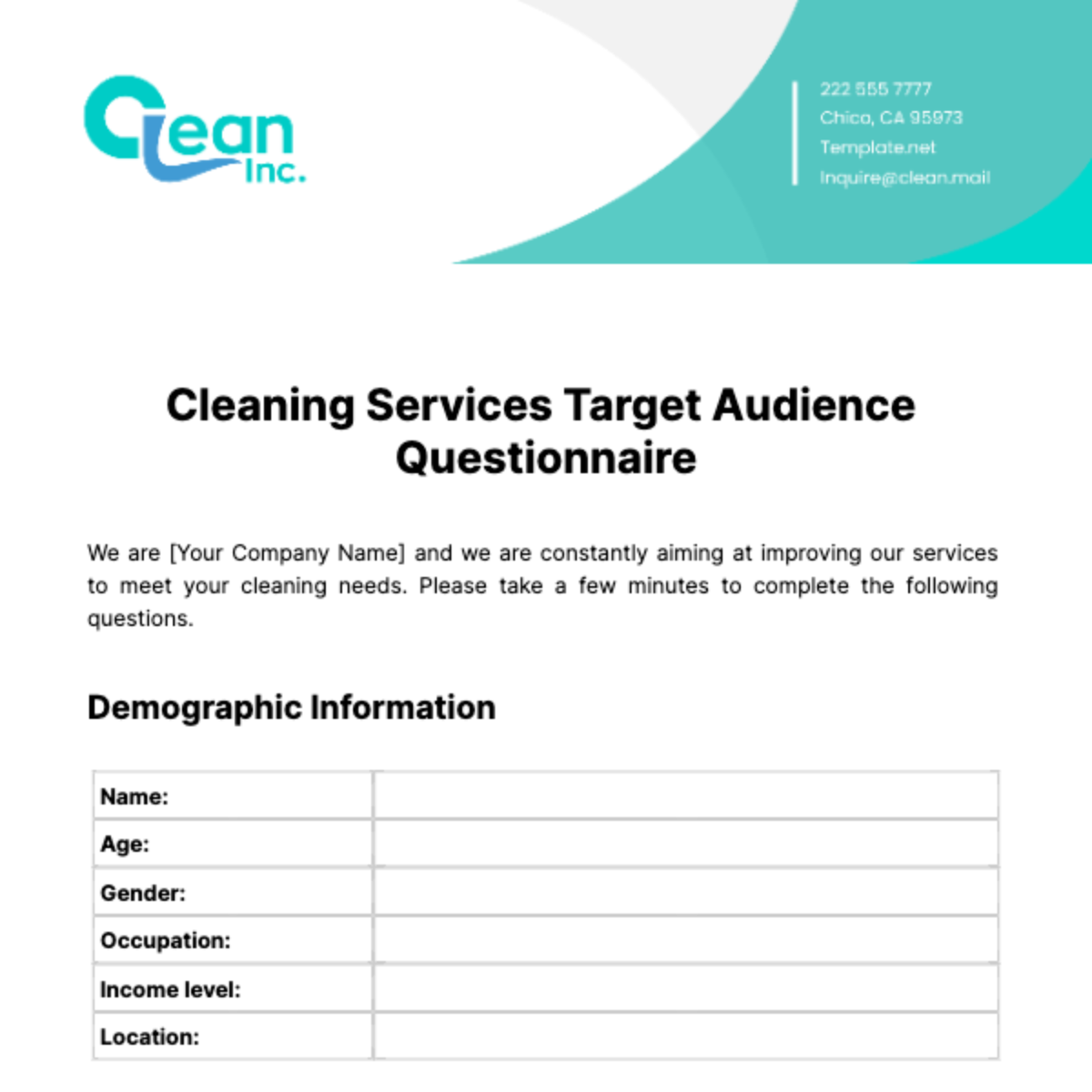 Cleaning Services Target Audience Questionnaire Template