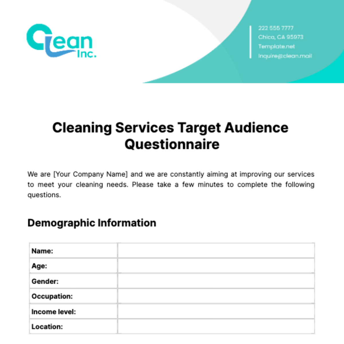 Cleaning Services Target Audience Questionnaire Template - Edit Online & Download