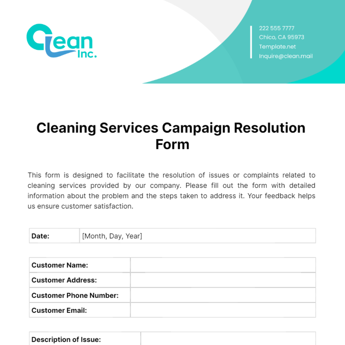 Cleaning Services Campaign Resolution Form Template