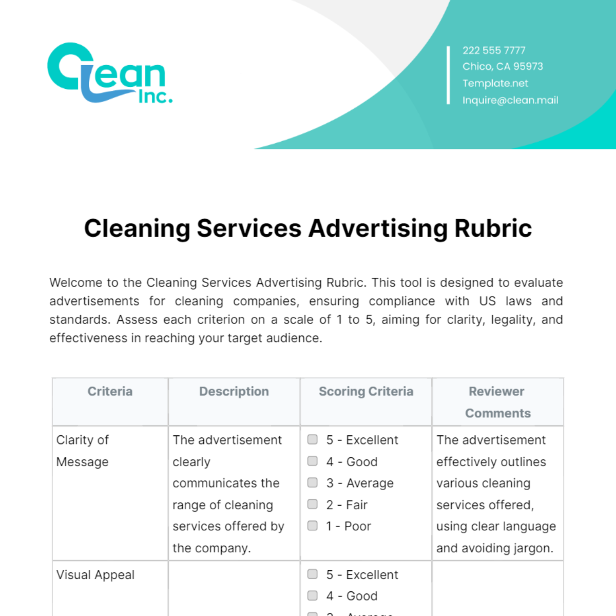 Free Cleaning Services Advertising Rubric Template