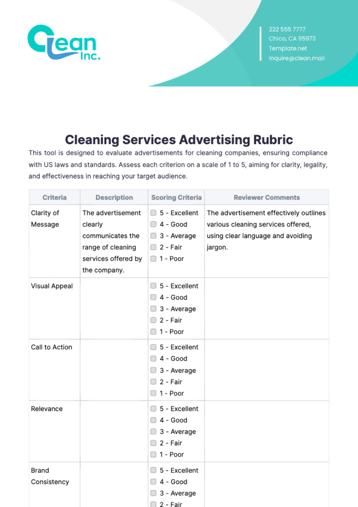 Cleaning Services Advertising Rubric Template