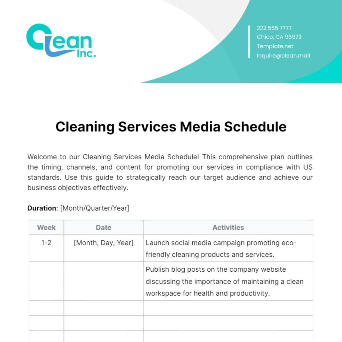 Free Cleaning Services Media Schedule Template