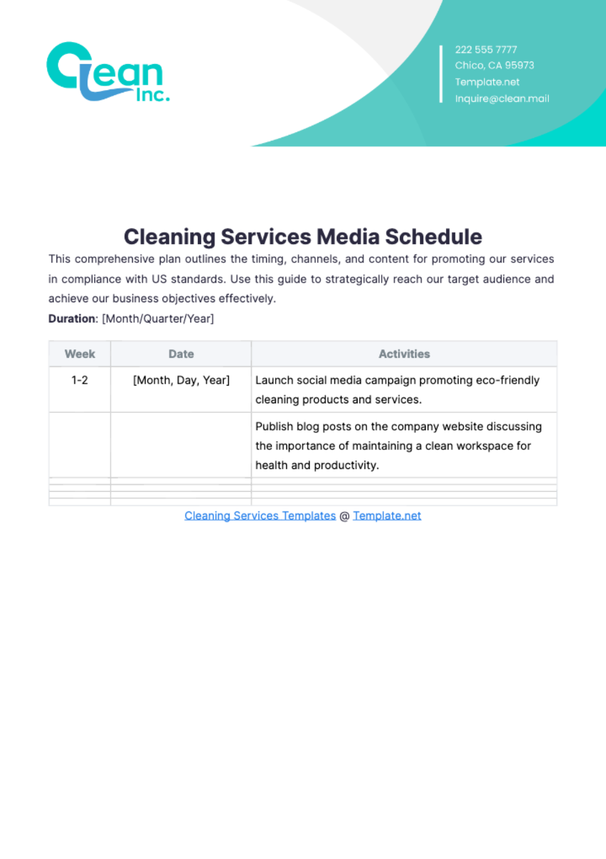 Cleaning Services Media Schedule Template - Edit Online & Download