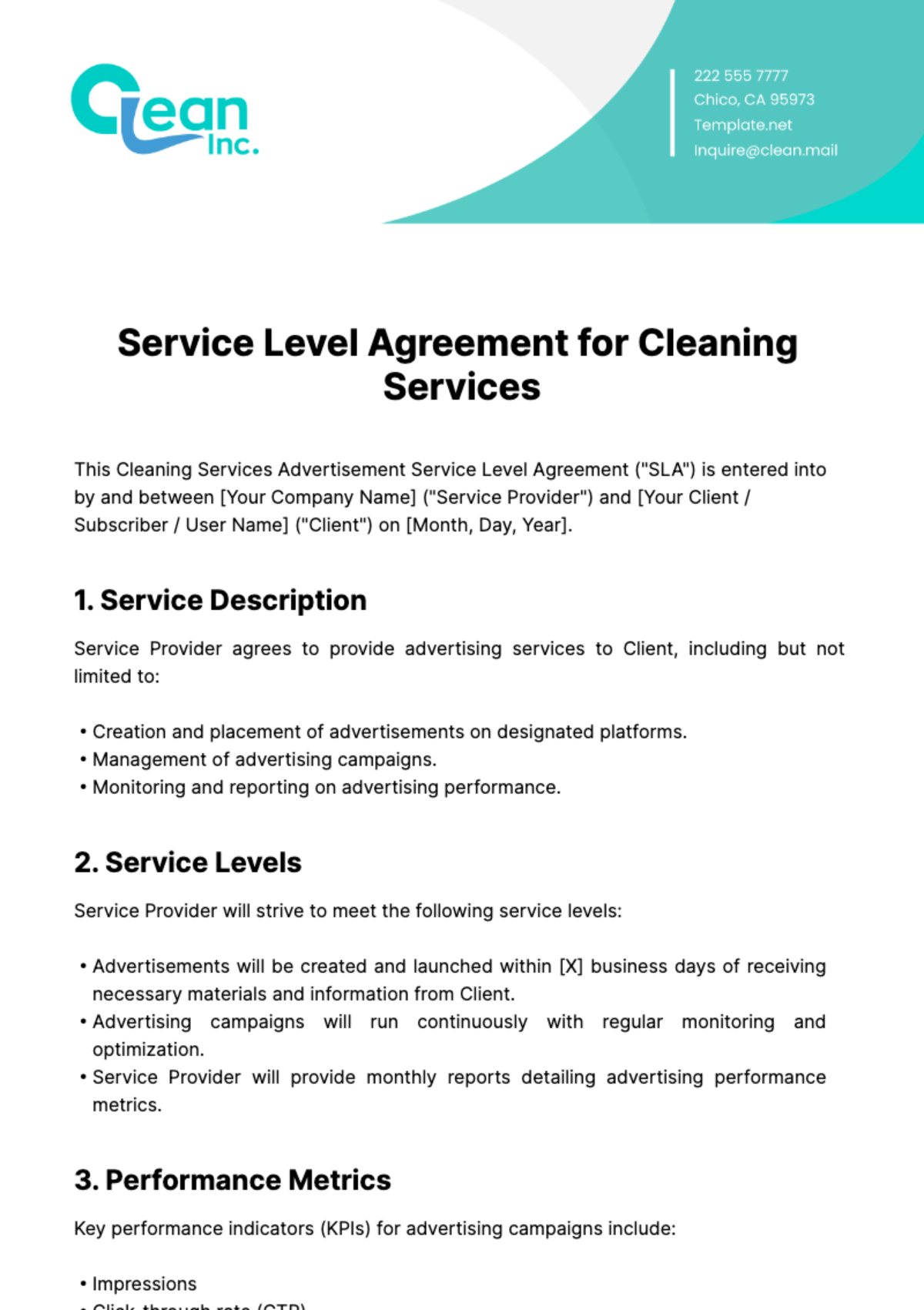 Cleaning Services Advertisement SLA Template