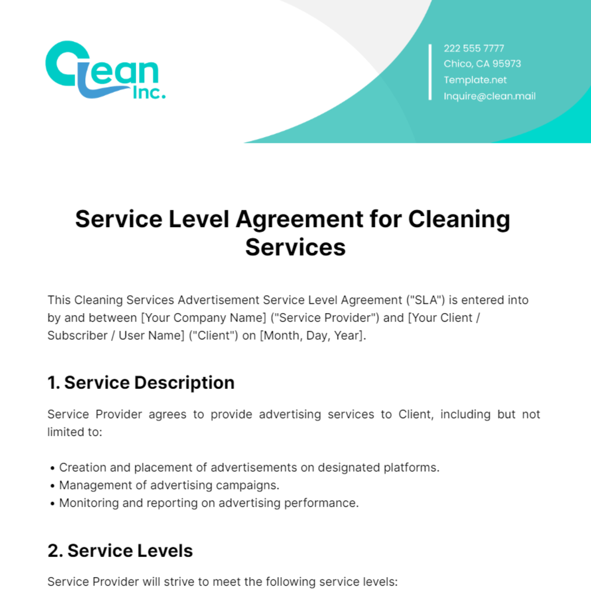 Cleaning Services Advertisement SLA Template - Edit Online & Download ...