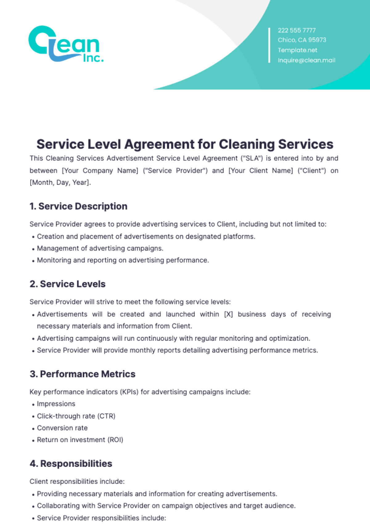 Cleaning Services Advertisement SLA Template