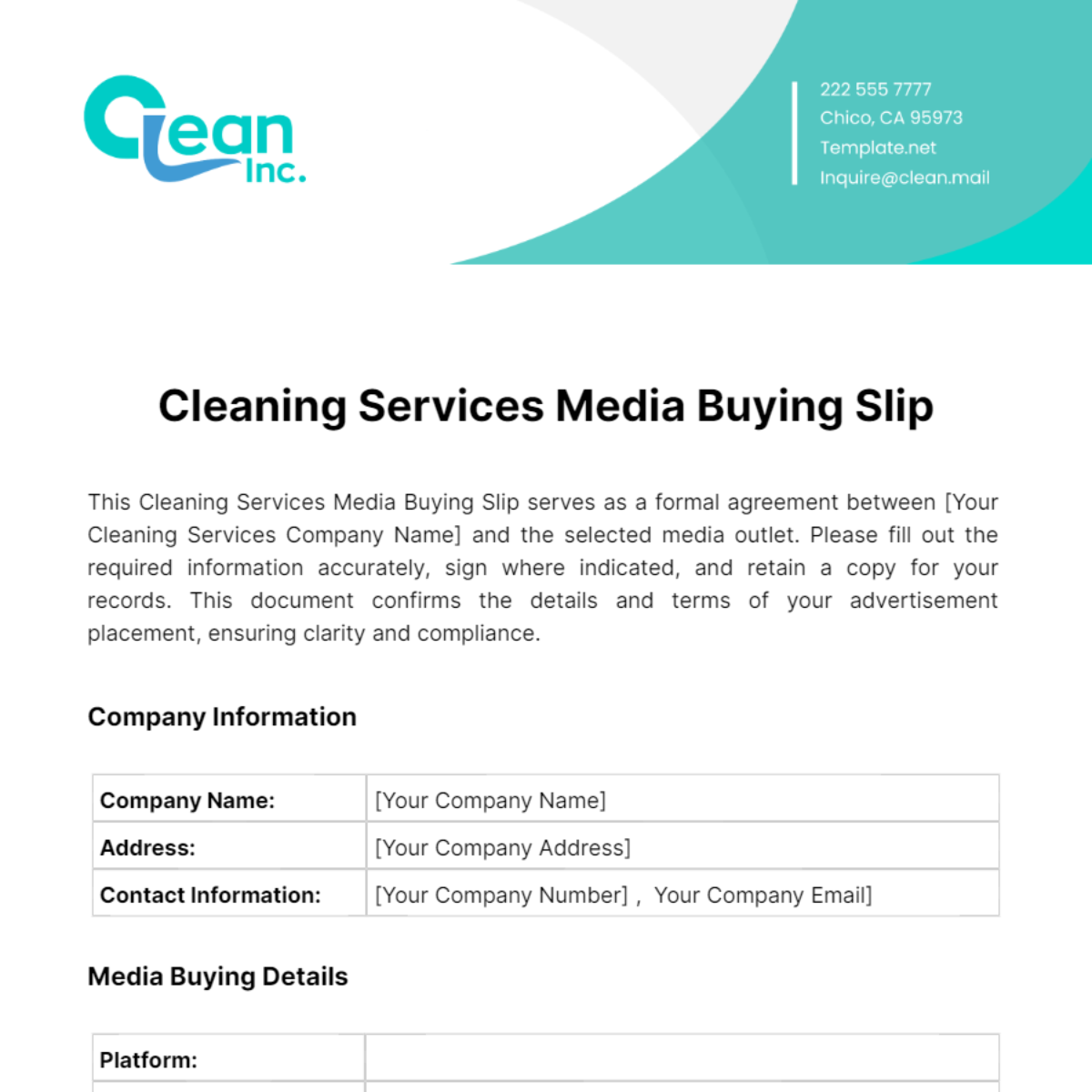 Cleaning Services Media Buying Slip Template