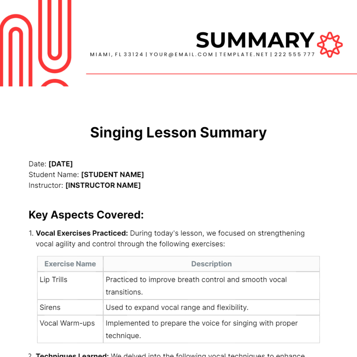 Singing Lesson Summary Template