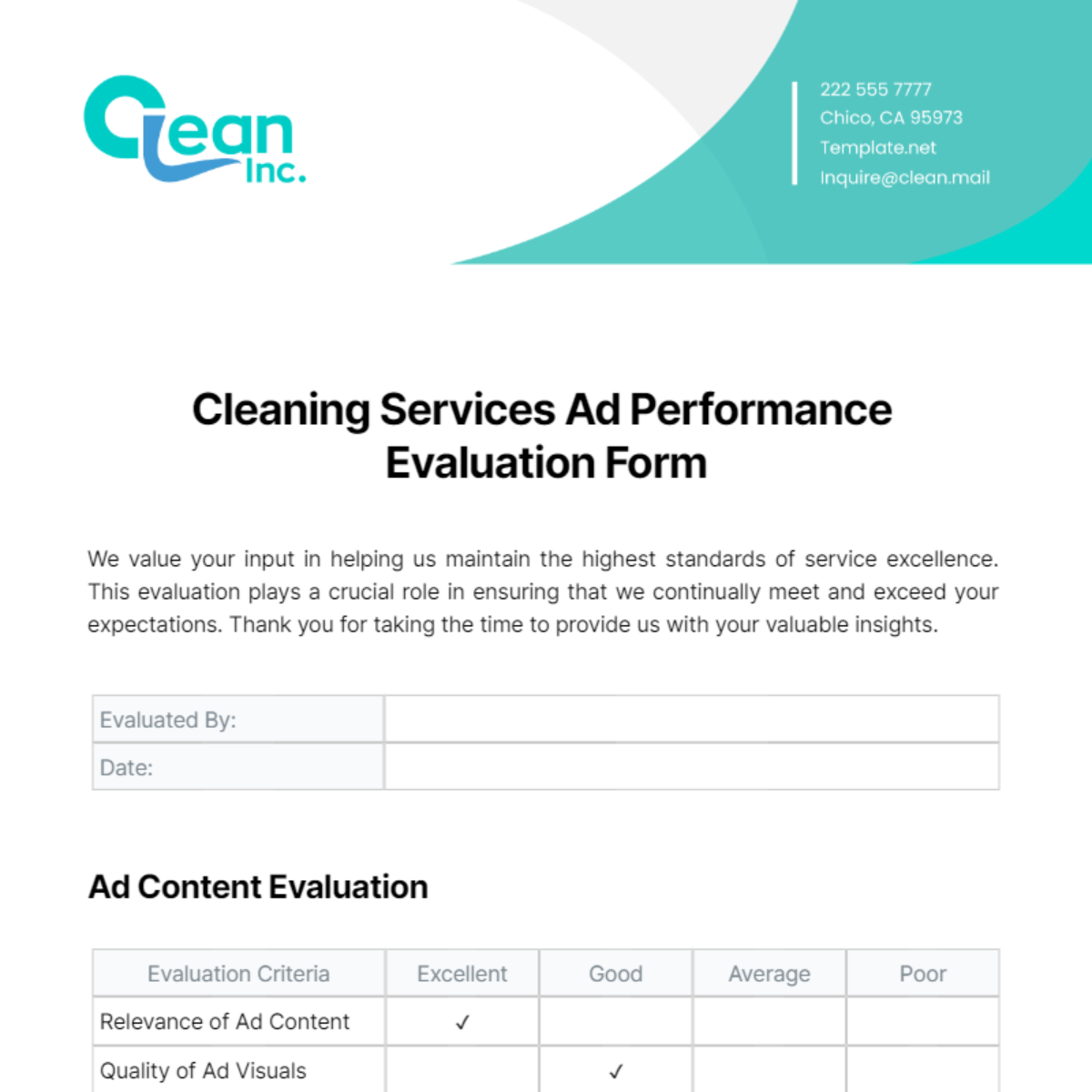 Cleaning Services Ad Performance Evaluation Form Template