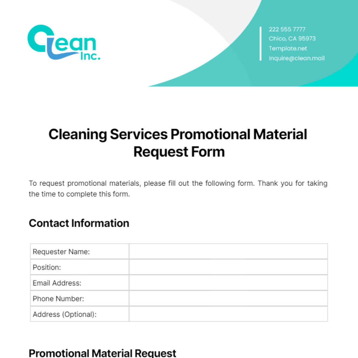 Cleaning Services Promotional Material Request Form Template