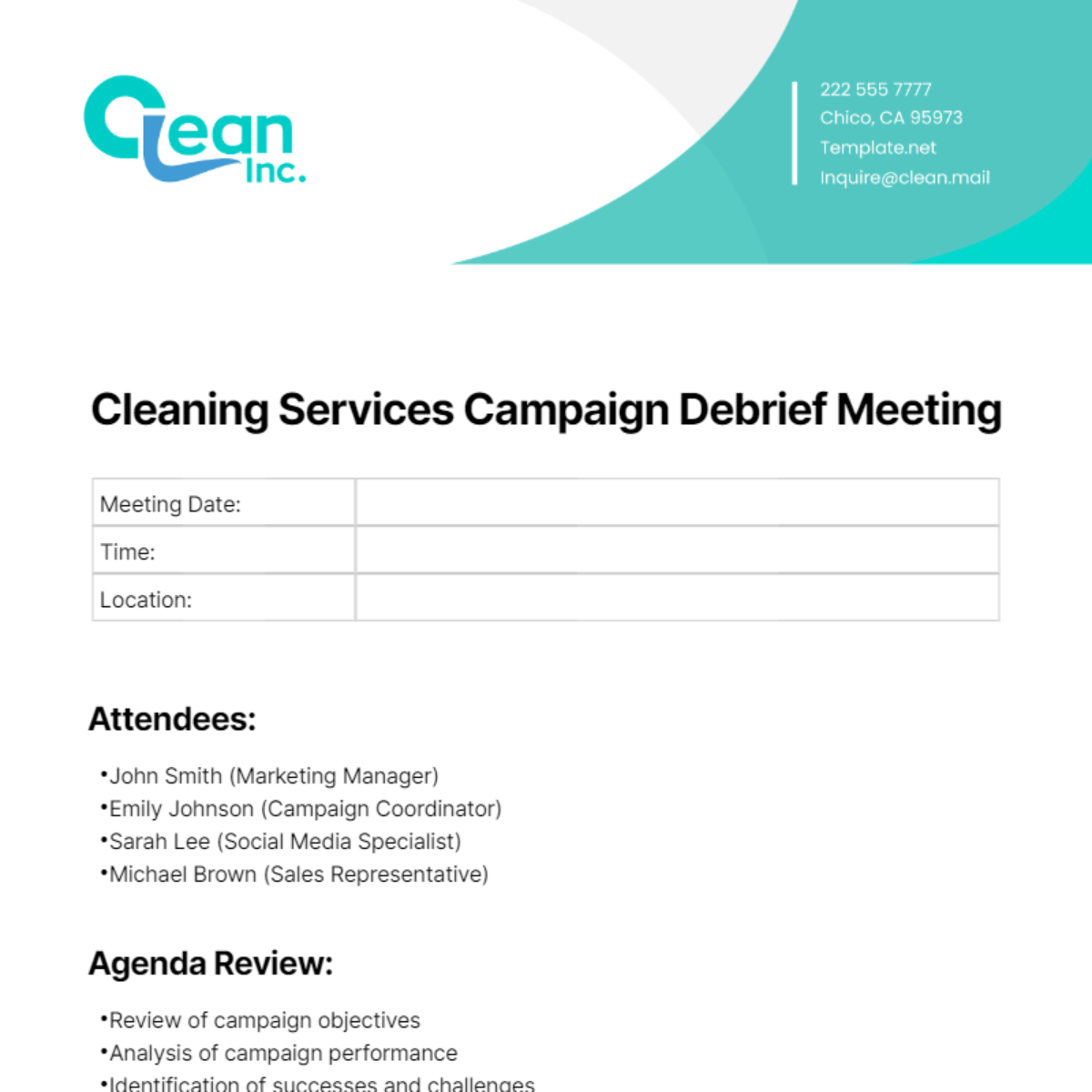 Cleaning Services Campaign Debrief Meeting Minute Template