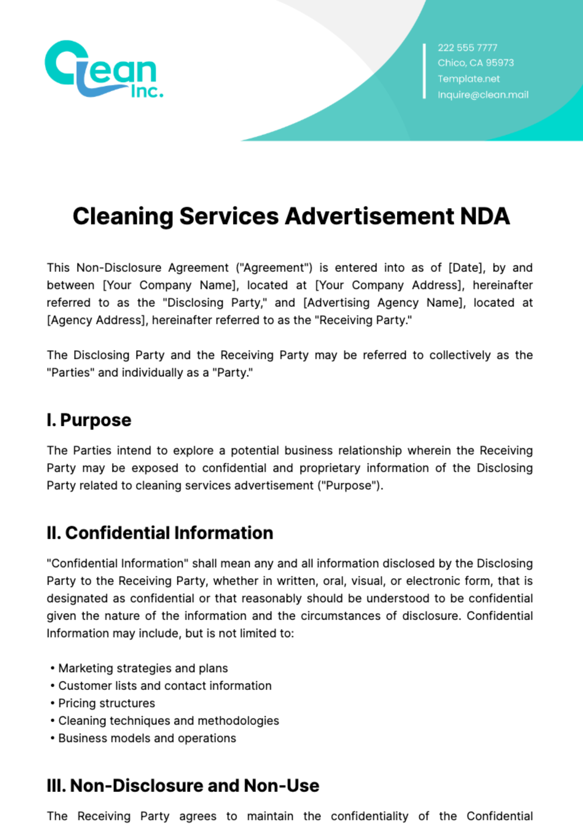 Cleaning Services Advertisement NDA Template