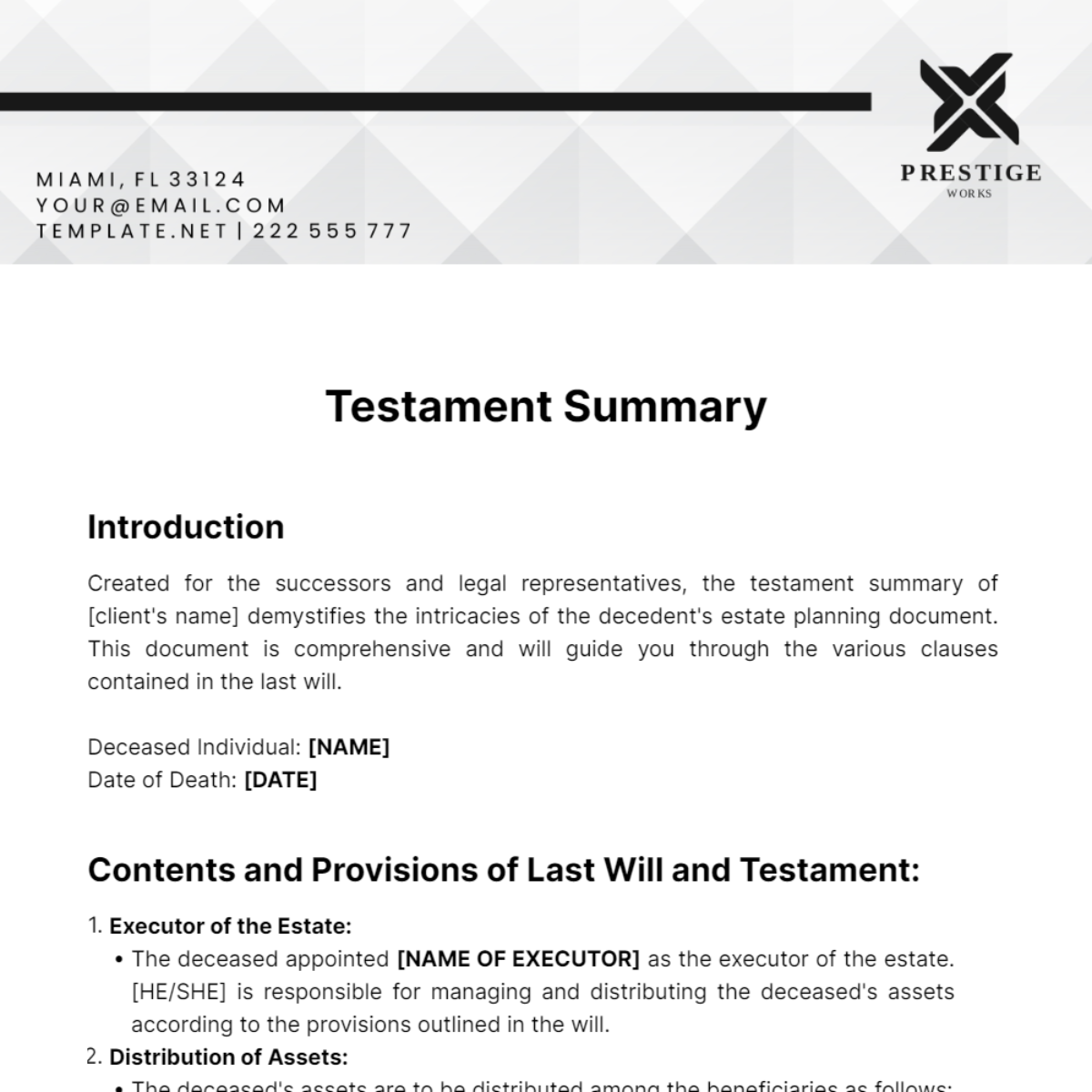 Testament Summary Template