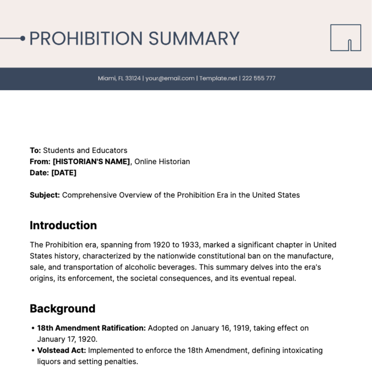 Prohibition Summary Template