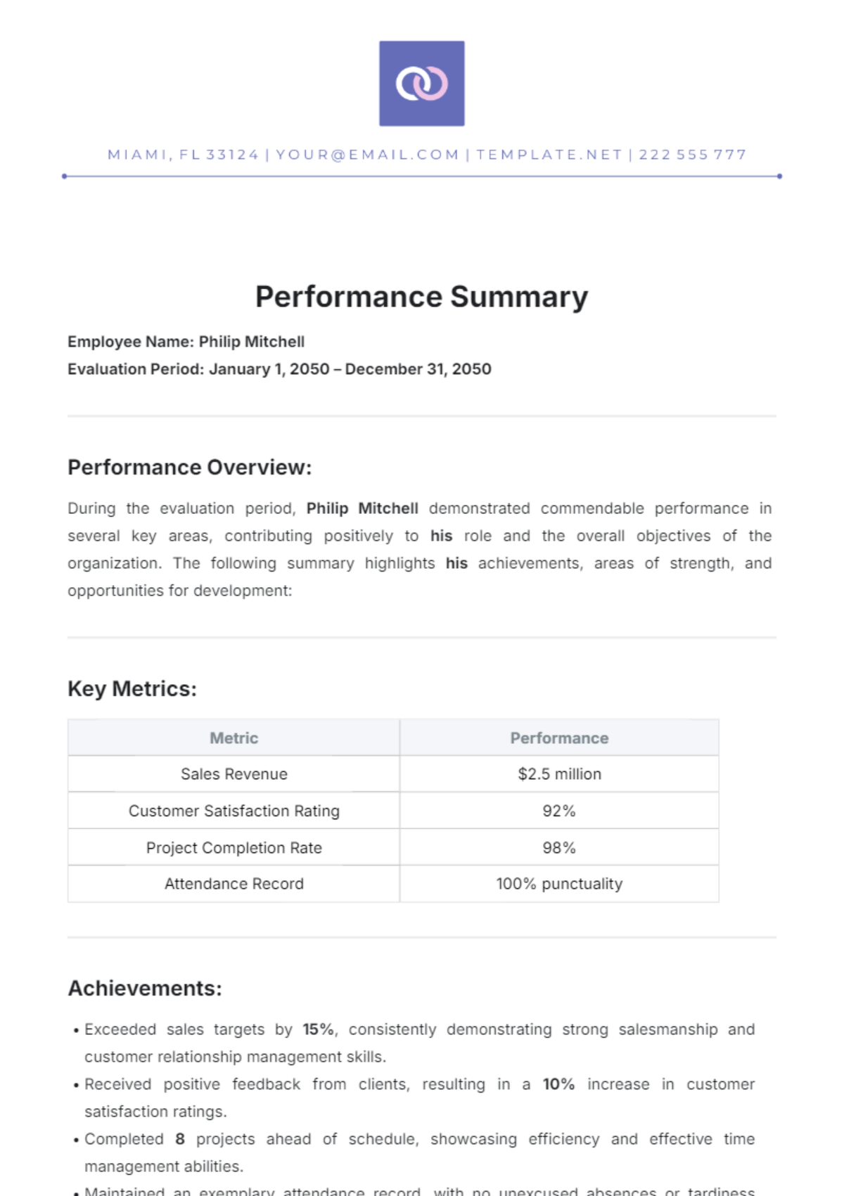 Performance Summary Template - Edit Online & Download