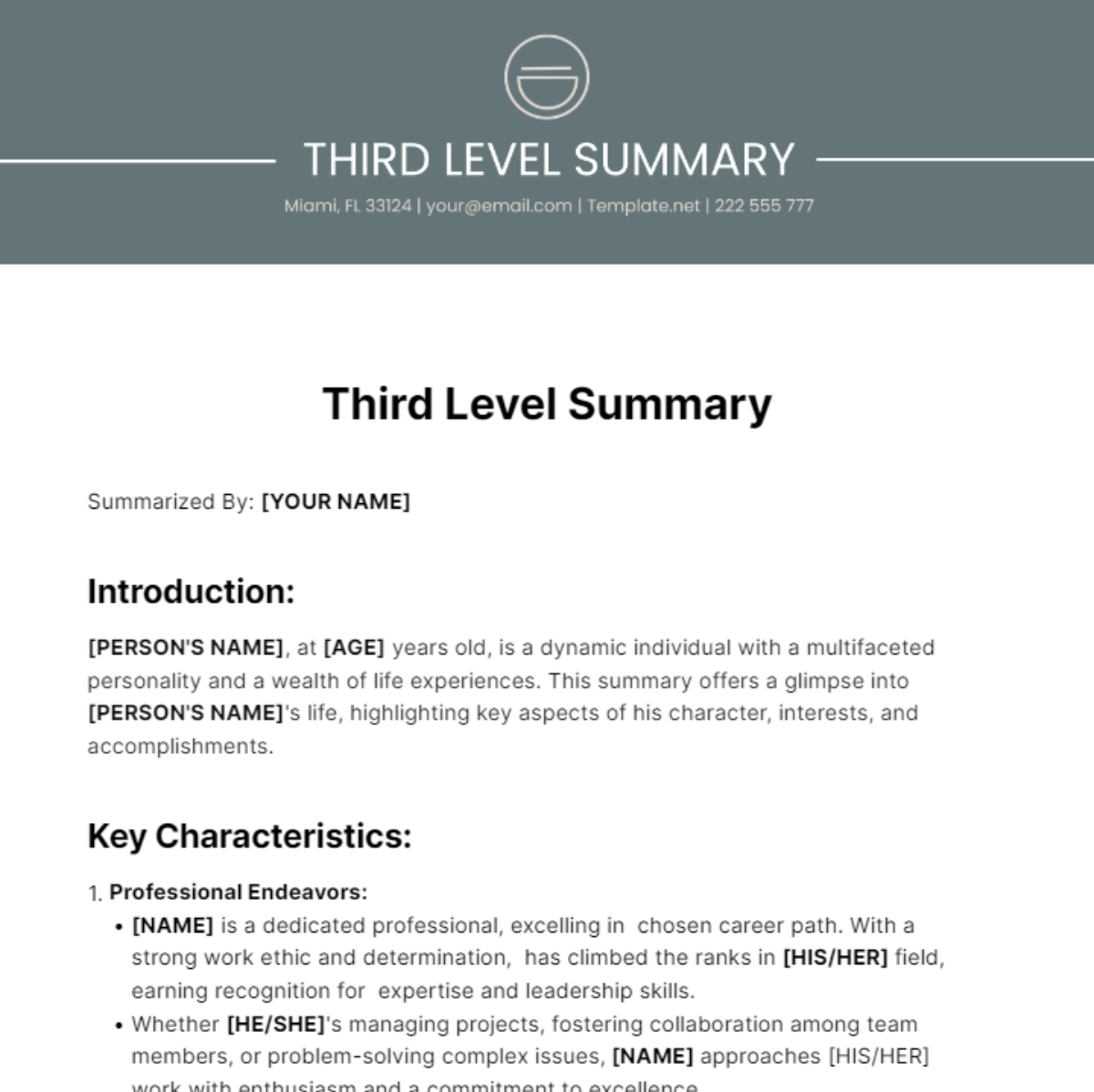 Third Level Summary Template