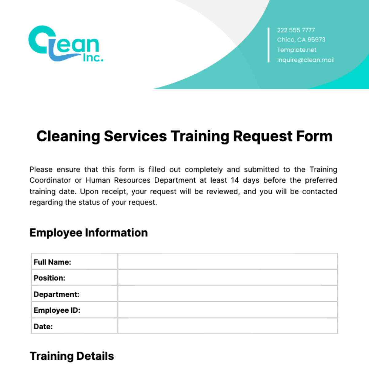 Cleaning Services Training Request Form Template