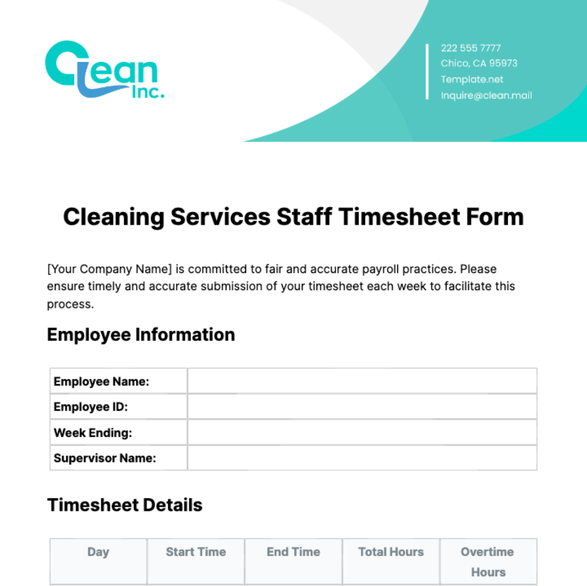 Cleaning Services Staff Timesheet Form Template