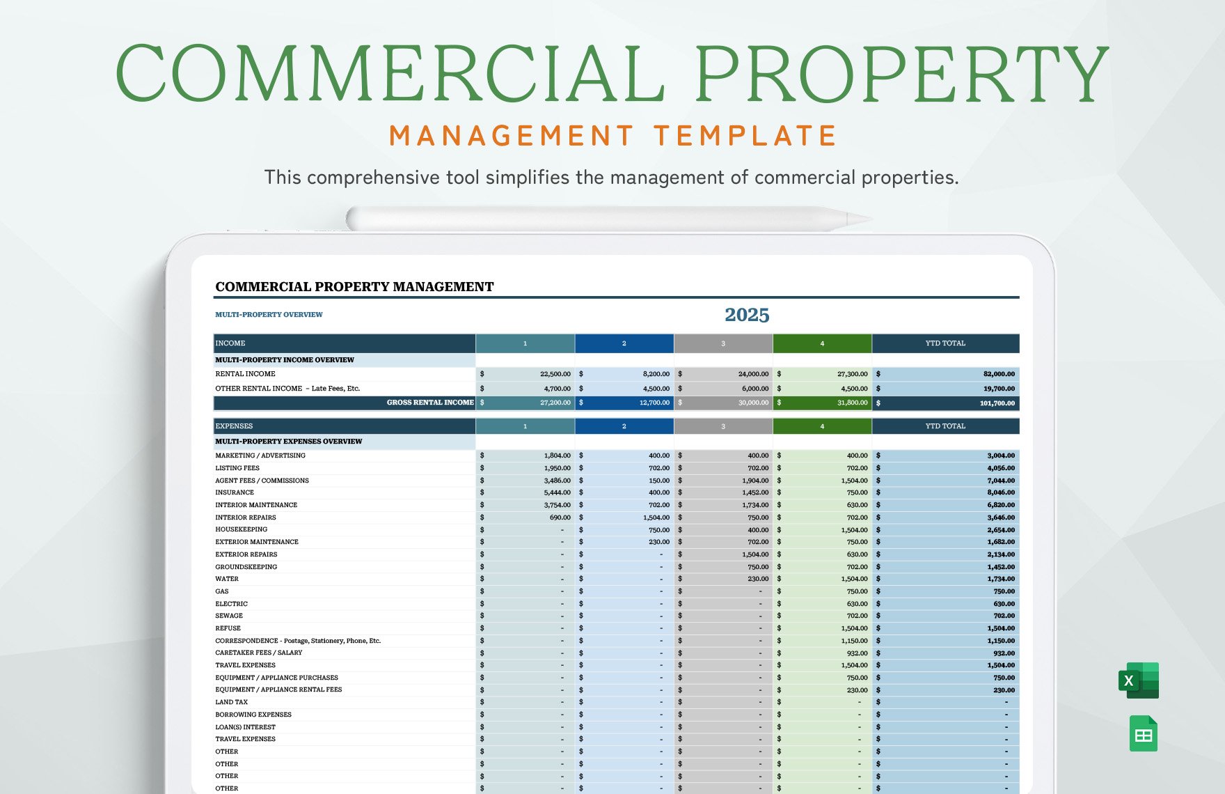 Commercial Property Management Template in Excel, Google Sheets