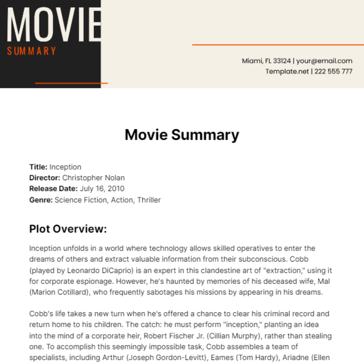Movie Summary Template