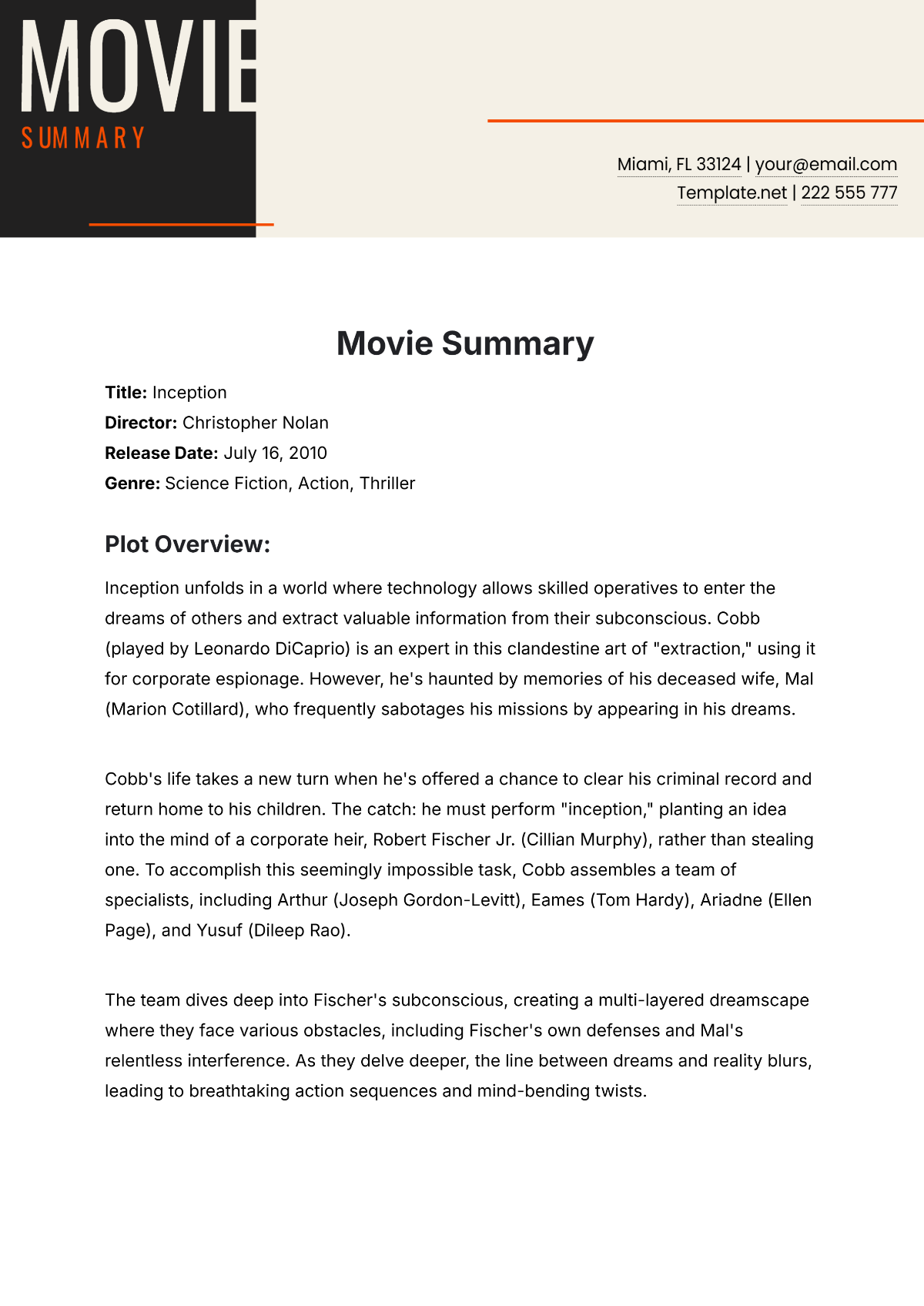 Free Movie Summary Template to Edit Online