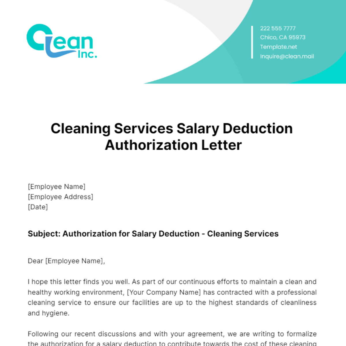 Cleaning Services Salary Deduction Authorization Letter Template
